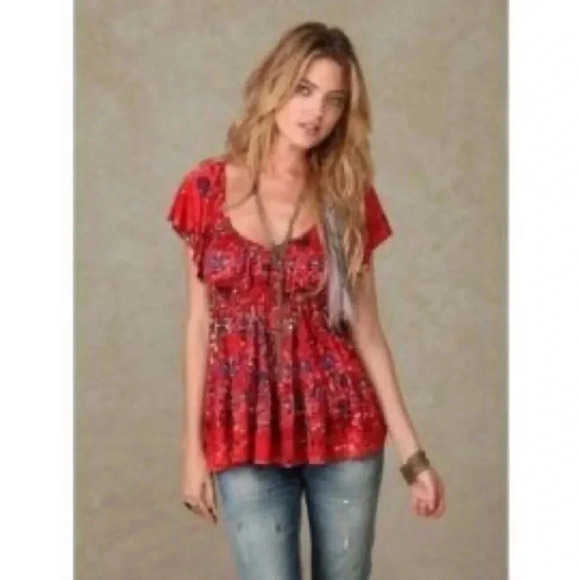 Free People Red Silky Top Size L - Picture 3 of 9